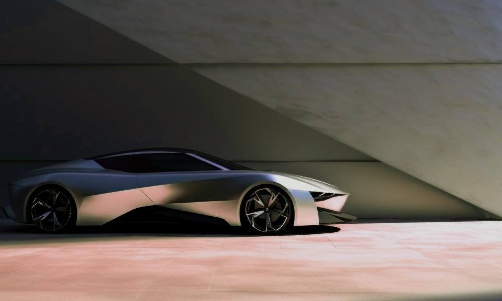 A new gray future car in front of a wall